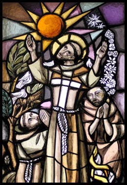 Stained glass window of St. Francis in St Damiano